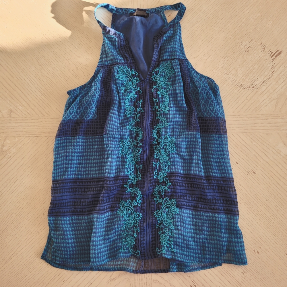 Lucky Brand Tank Top Blue Embroidered